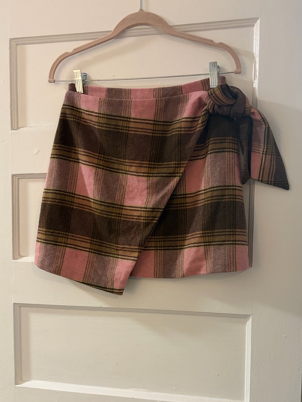 Wilfred Pink & Brown Plaid Wrap Mini Skirt with Side Bow